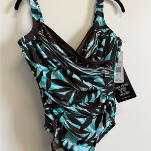 Miraclesuit NWT Sanibel One Piece Turquoise and Brown Leaf Print Size 14